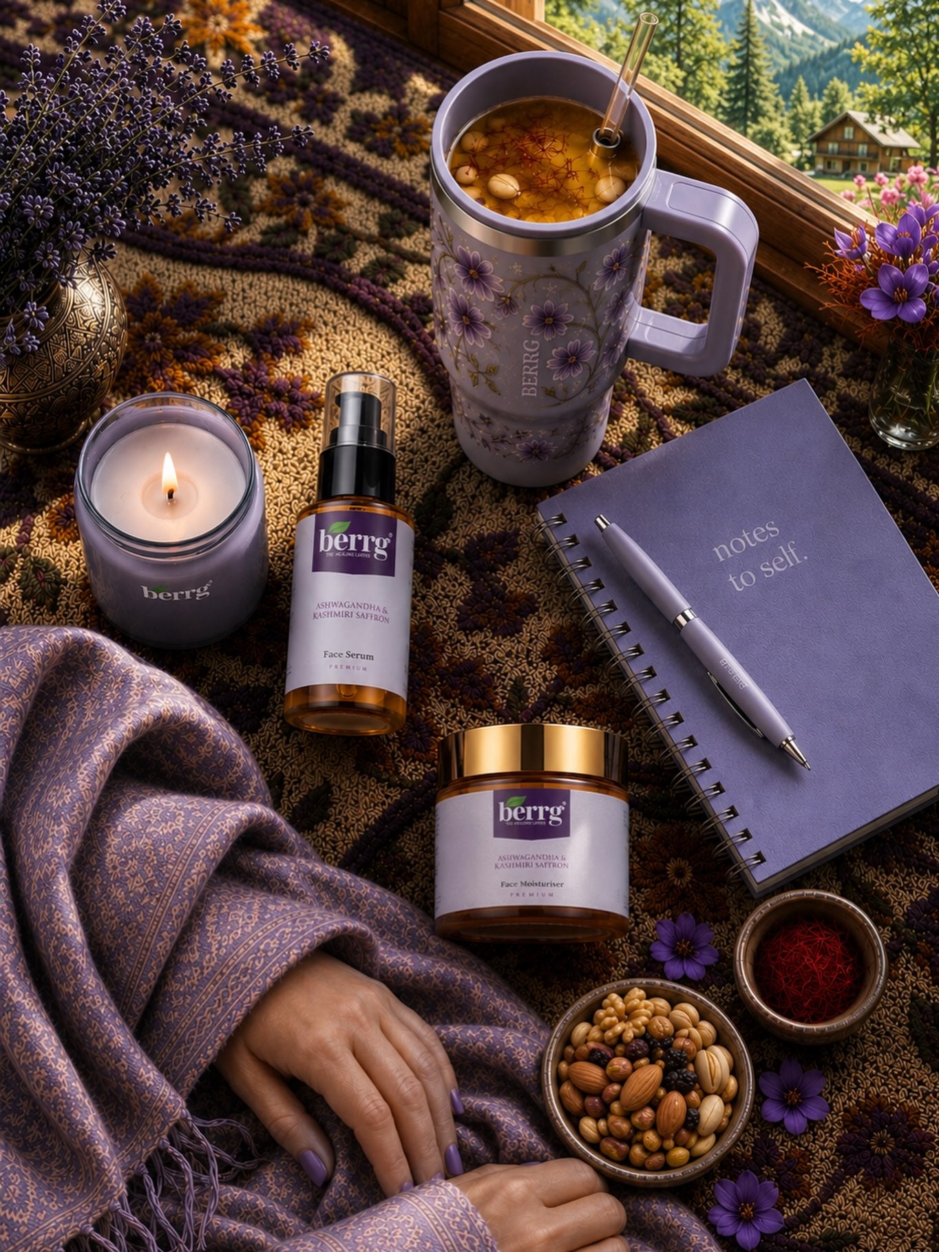 Berrg Naturals evening ritual with journal and candle
