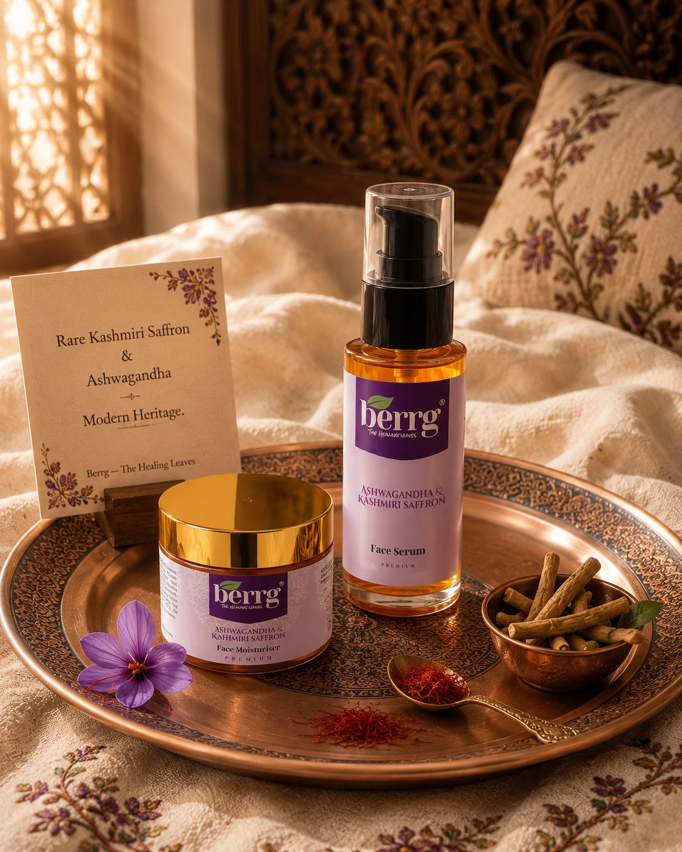 Berrg Naturals serum and moisturiser on a brass tray