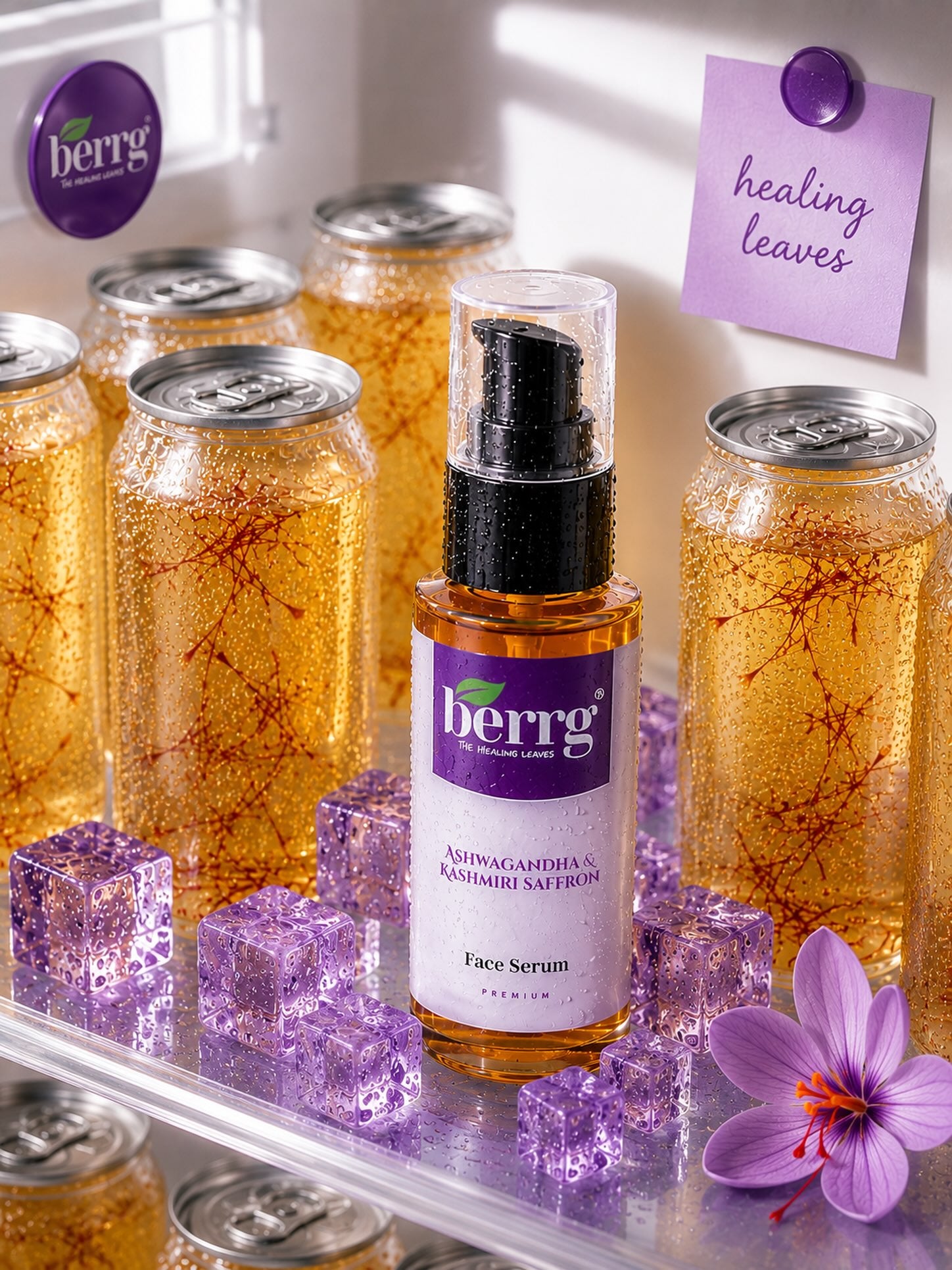 Berrg Naturals serum beside saffron infusion jars