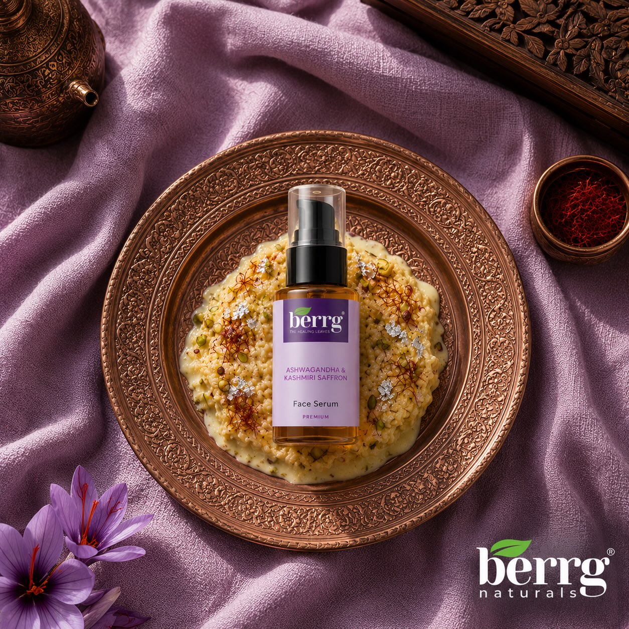 Berrg Naturals serum on a copper plate with saffron