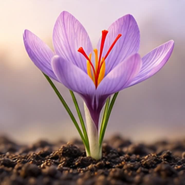 A purple saffron crocus in full bloom