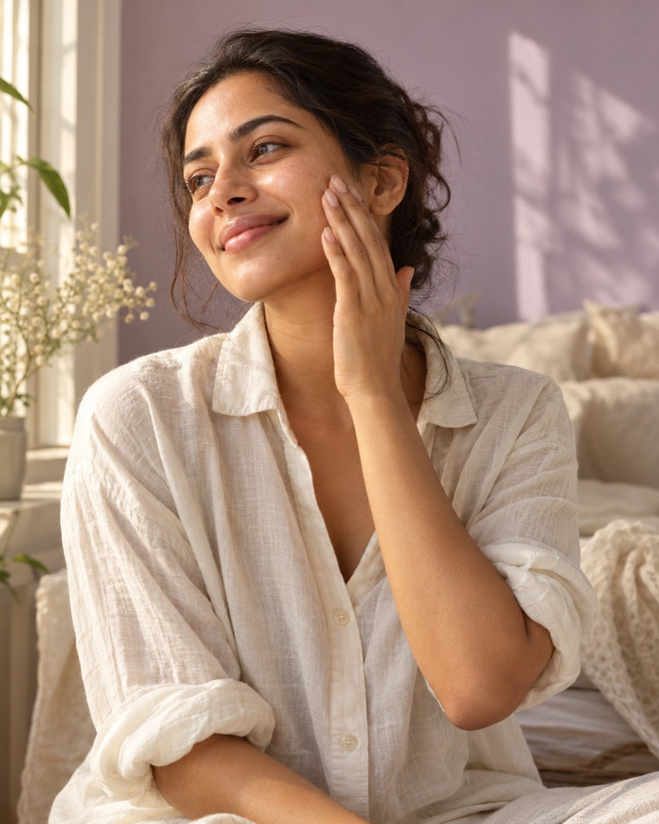 A woman enjoying a quiet moment in her morning skincare routine